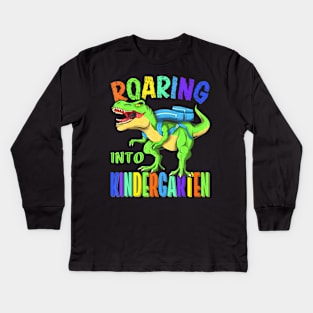 Roaring Into Kindergarten Dinosaur T Rex Back To School Boys Kids Long Sleeve T-Shirt